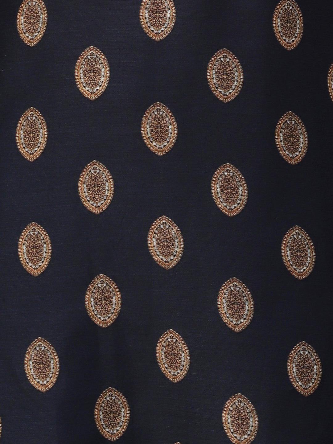 Ethnic Printed & Hand Embroidered Kurta with Pant & Dupatta - Navy Blue - Indiakreations