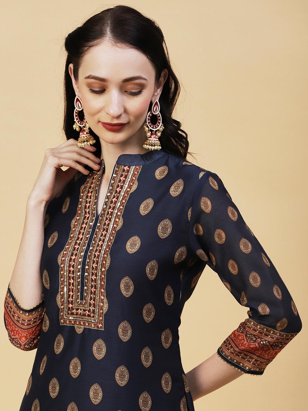 Ethnic Printed & Hand Embroidered Kurta with Pant & Dupatta - Navy Blue - Indiakreations