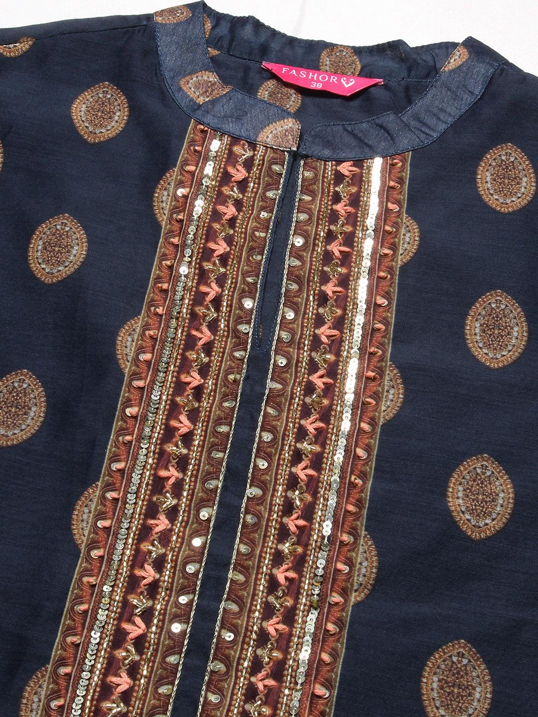 Ethnic Printed & Hand Embroidered Kurta with Pant & Dupatta - Navy Blue - Indiakreations