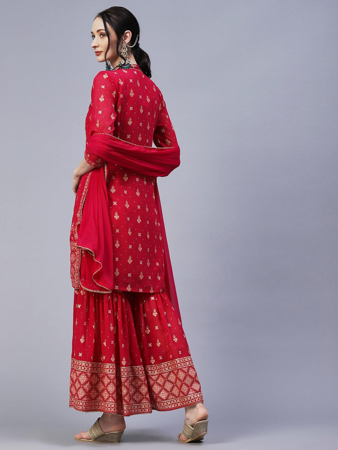 Ethnic Printed & Hand Embroidered Kurta with Sharara & Dupatta - Rani Pink - Indiakreations