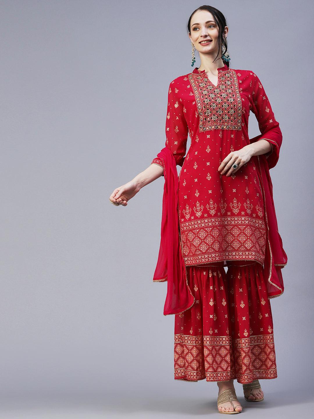 Ethnic Printed & Hand Embroidered Kurta with Sharara & Dupatta - Rani Pink - Indiakreations