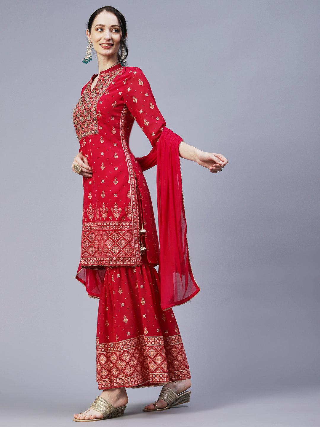 Ethnic Printed & Hand Embroidered Kurta with Sharara & Dupatta - Rani Pink - Indiakreations