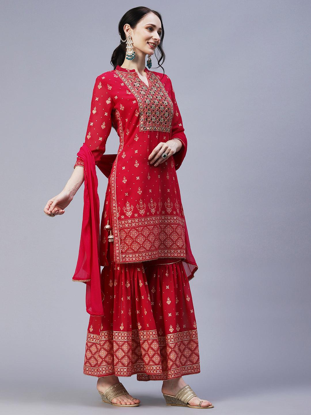 Ethnic Printed & Hand Embroidered Kurta with Sharara & Dupatta - Rani Pink - Indiakreations