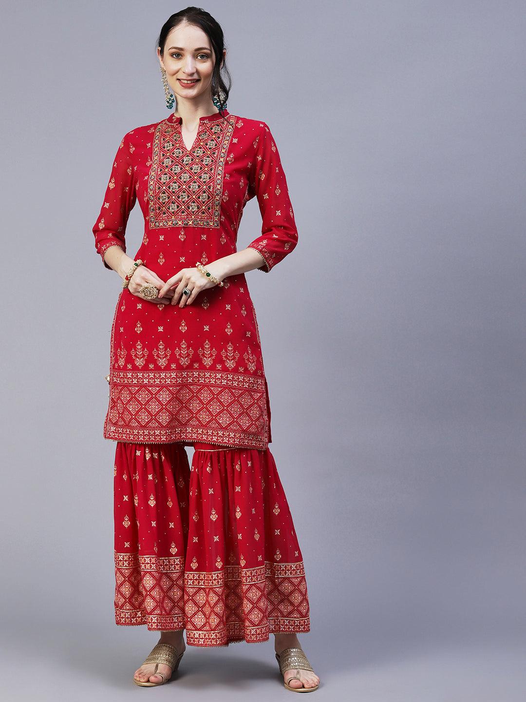 Ethnic Printed & Hand Embroidered Kurta with Sharara & Dupatta - Rani Pink - Indiakreations