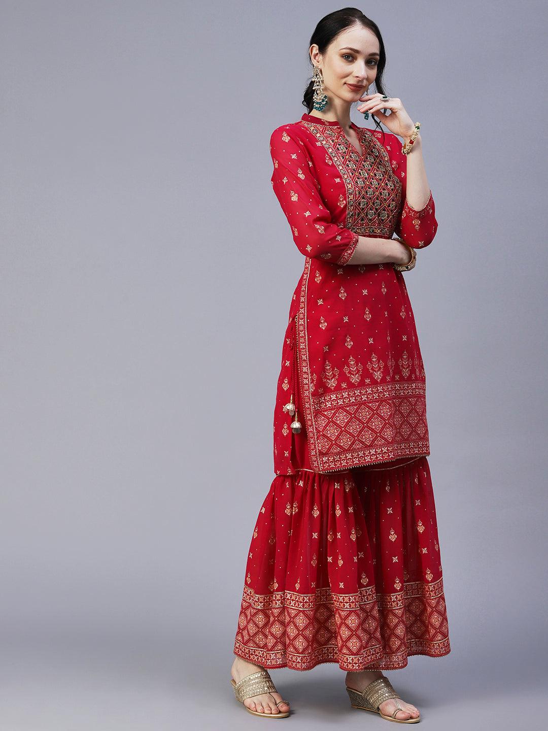 Ethnic Printed & Hand Embroidered Kurta with Sharara & Dupatta - Rani Pink - Indiakreations