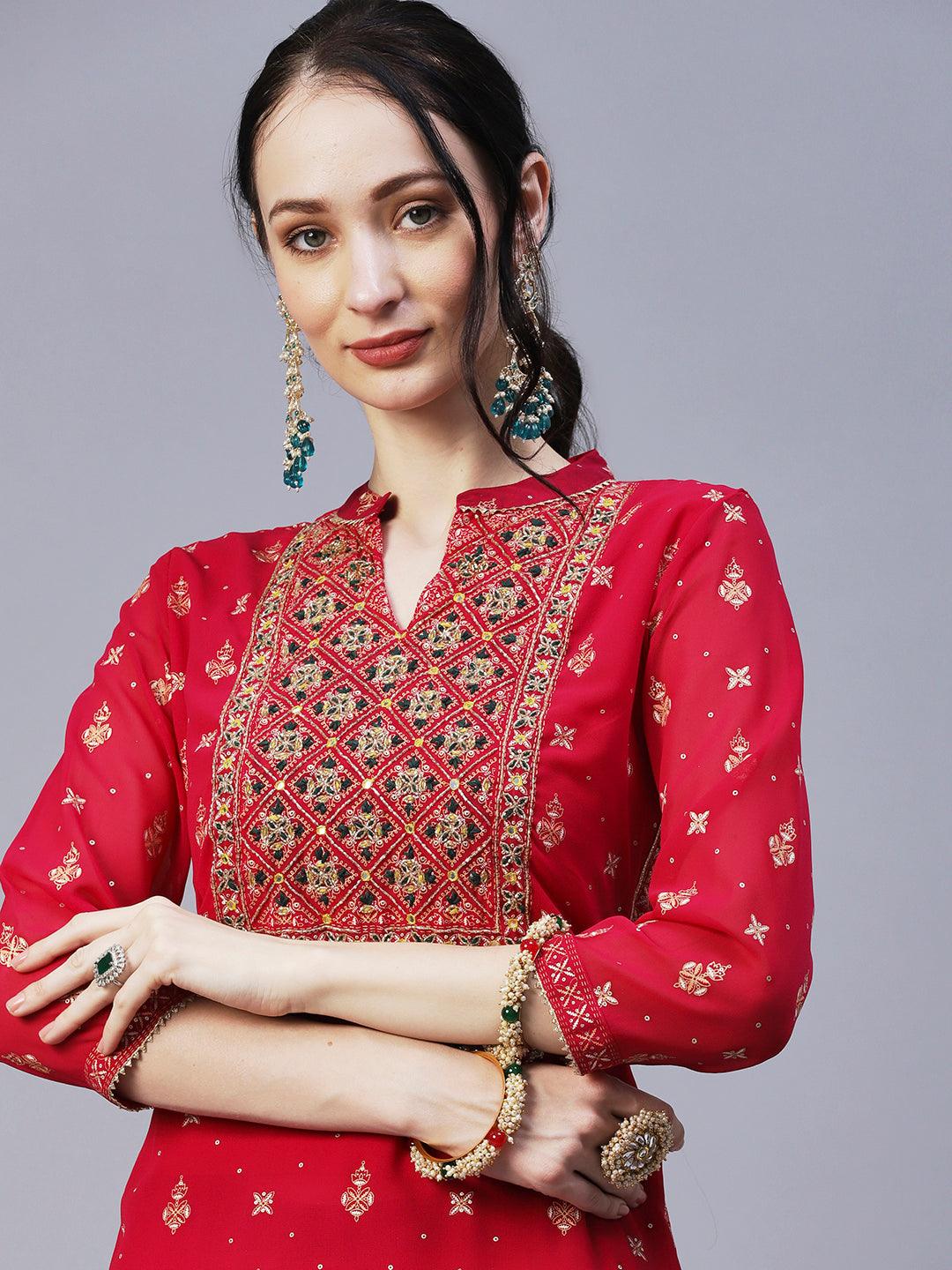 Ethnic Printed & Hand Embroidered Kurta with Sharara & Dupatta - Rani Pink - Indiakreations