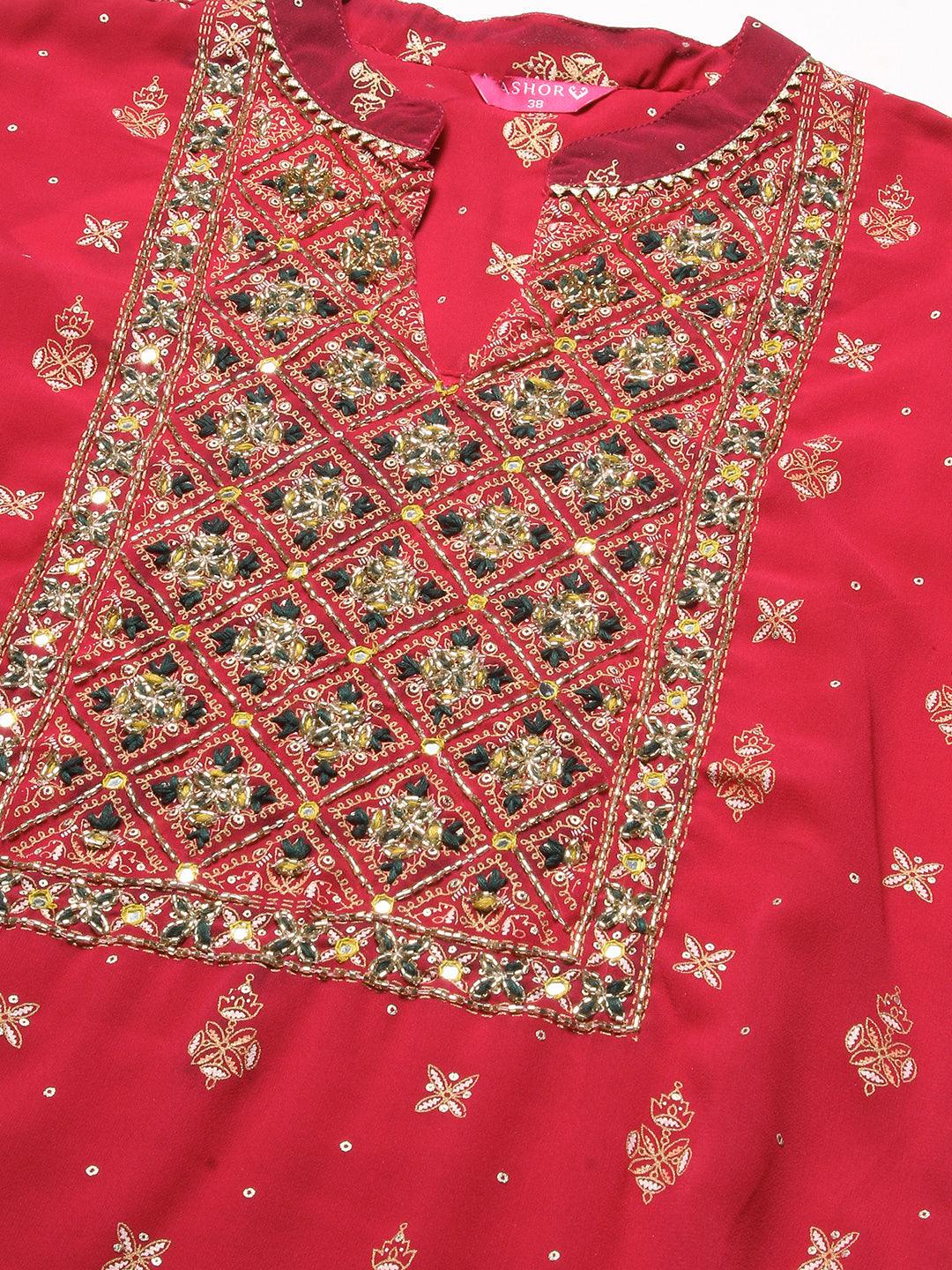 Ethnic Printed & Hand Embroidered Kurta with Sharara & Dupatta - Rani Pink - Indiakreations