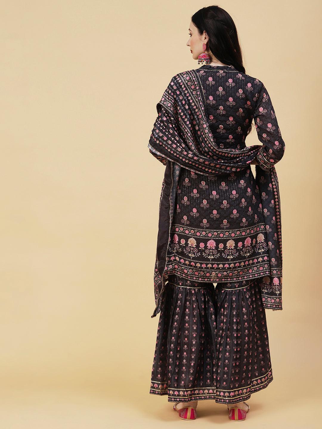 Floral Printed Gotapatti & Mirror Embroidered Kurta With Sharara & Dupatta - Charcoal - Indiakreations