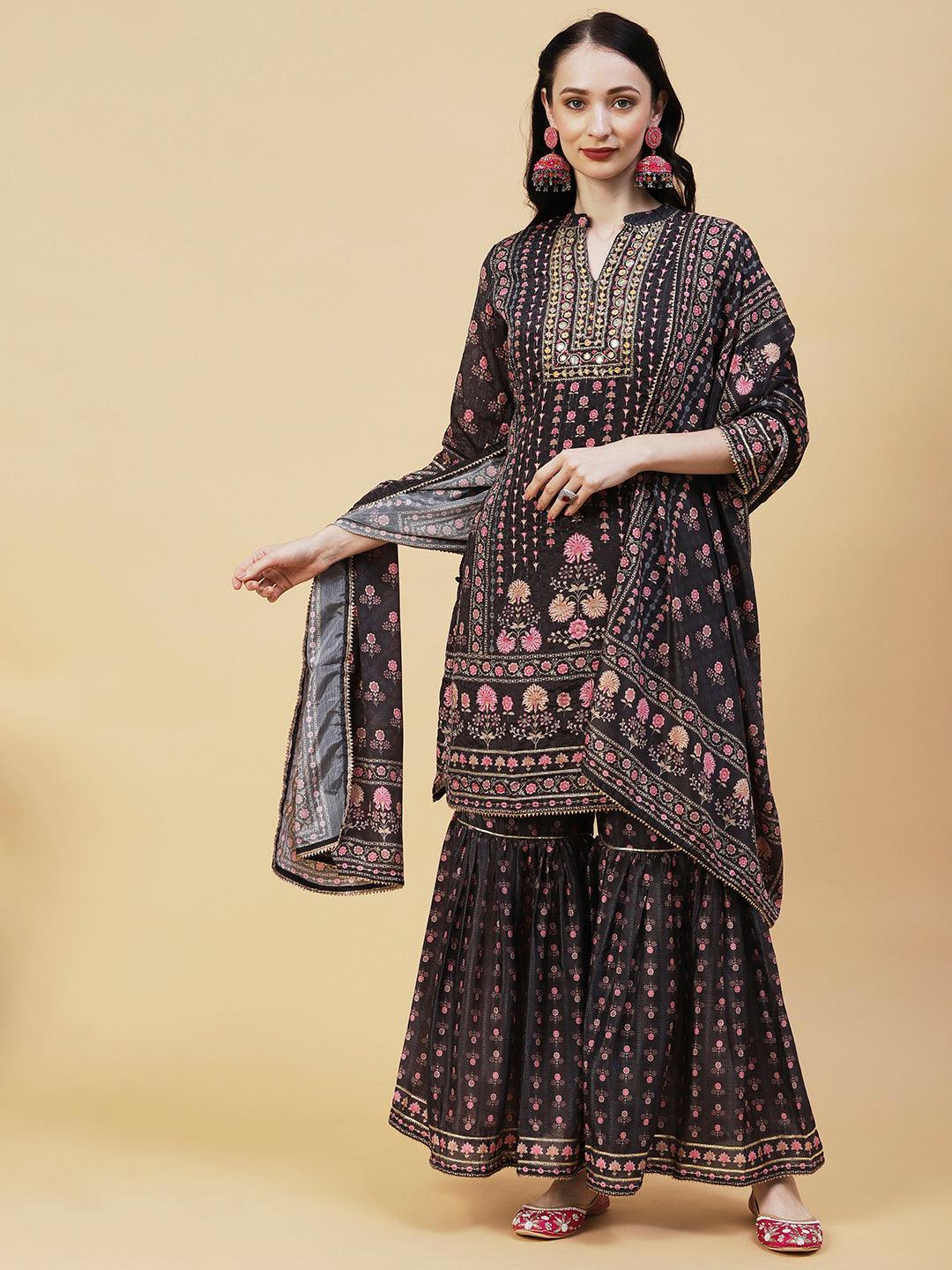 Floral Printed Gotapatti & Mirror Embroidered Kurta With Sharara & Dupatta - Charcoal - Indiakreations