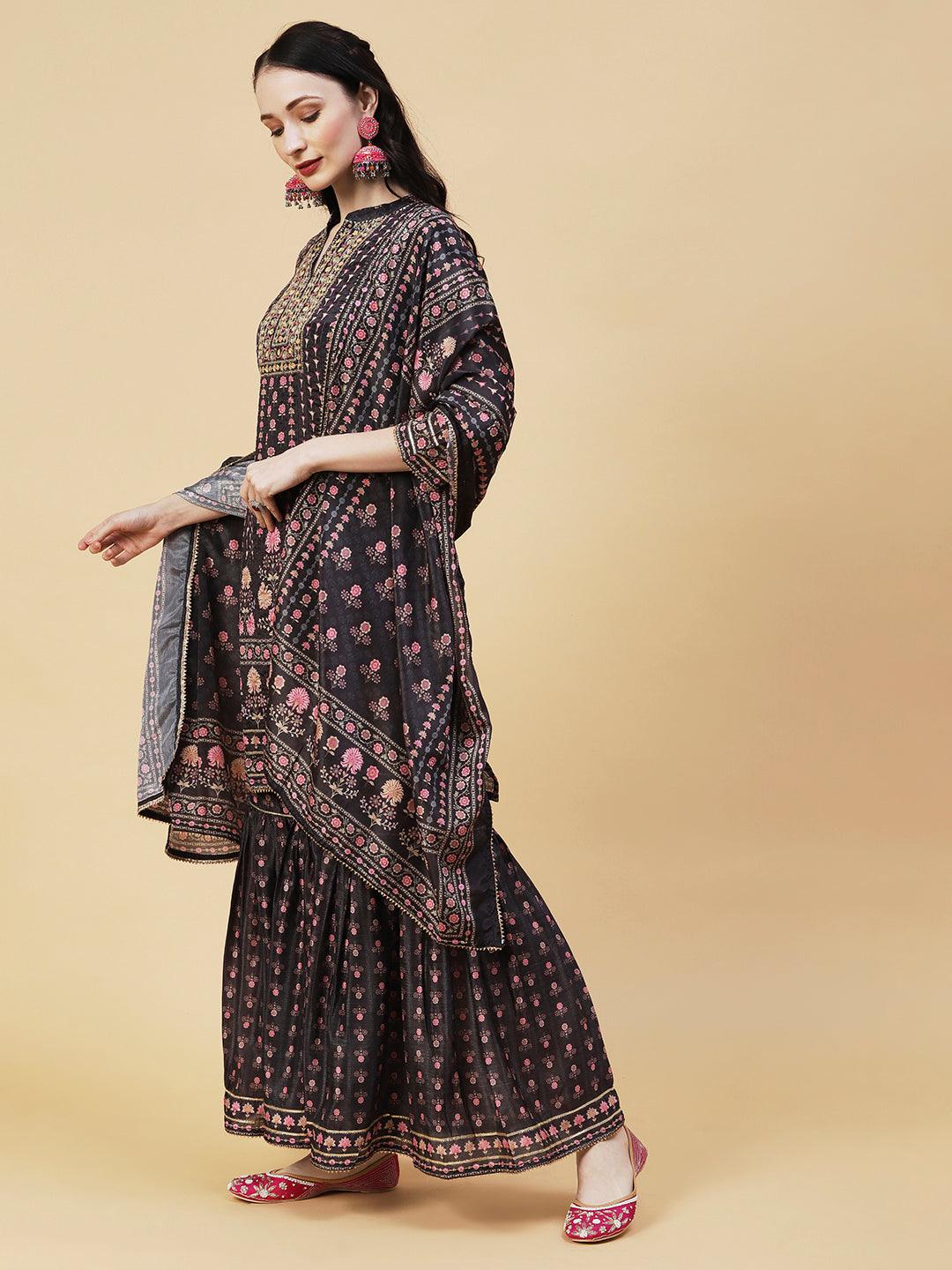 Floral Printed Gotapatti & Mirror Embroidered Kurta With Sharara & Dupatta - Charcoal - Indiakreations