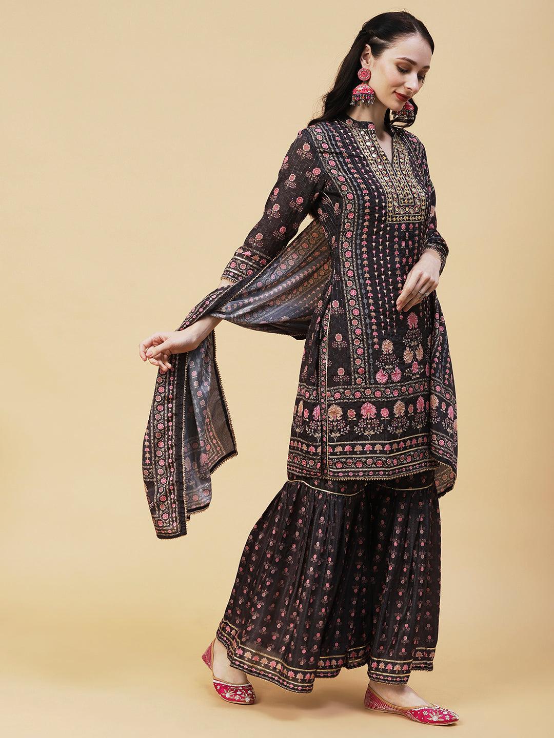 Floral Printed Gotapatti & Mirror Embroidered Kurta With Sharara & Dupatta - Charcoal - Indiakreations