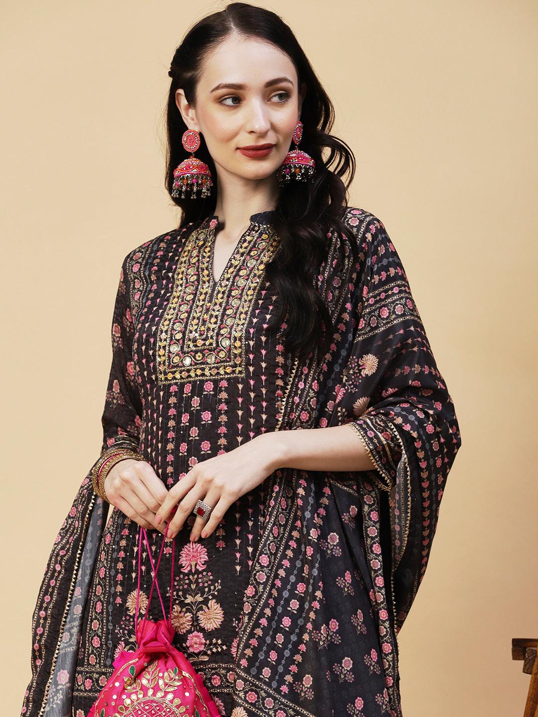 Floral Printed Gotapatti & Mirror Embroidered Kurta With Sharara & Dupatta - Charcoal - Indiakreations