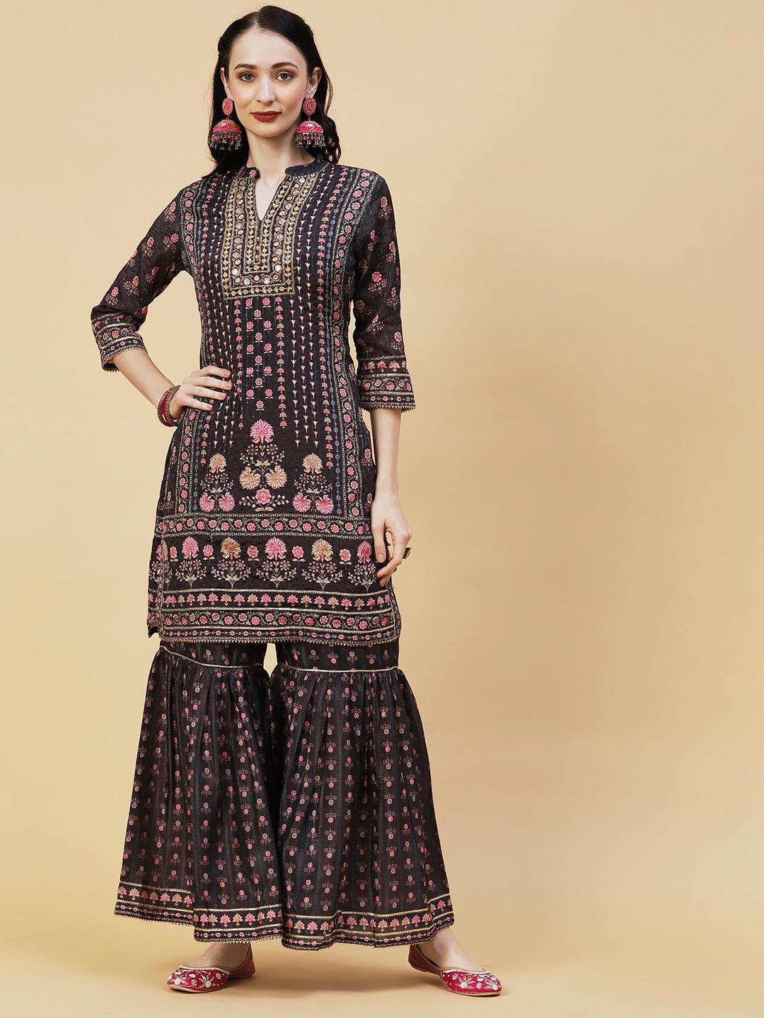 Floral Printed Gotapatti & Mirror Embroidered Kurta With Sharara & Dupatta - Charcoal - Indiakreations