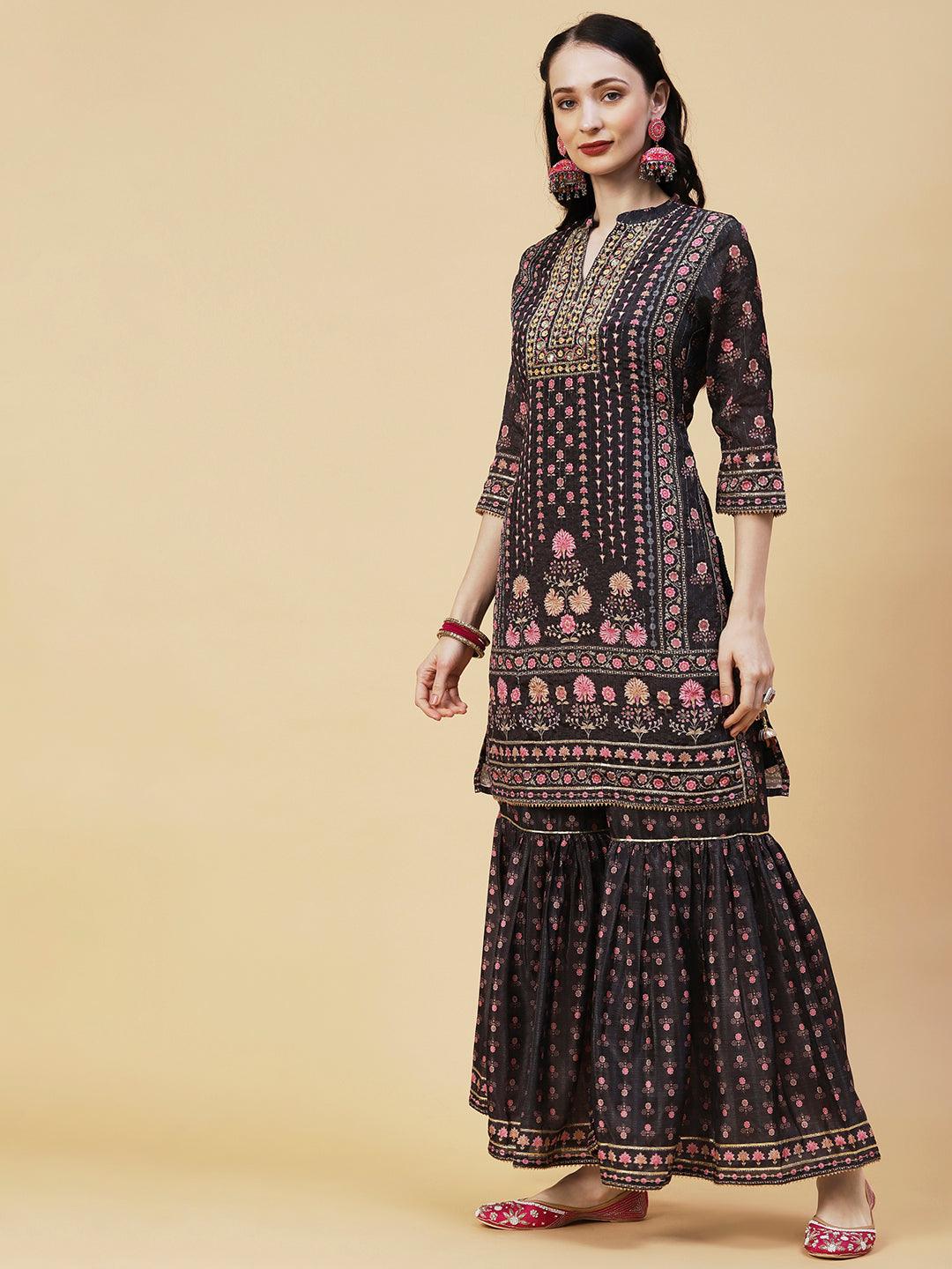 Floral Printed Gotapatti & Mirror Embroidered Kurta With Sharara & Dupatta - Charcoal - Indiakreations