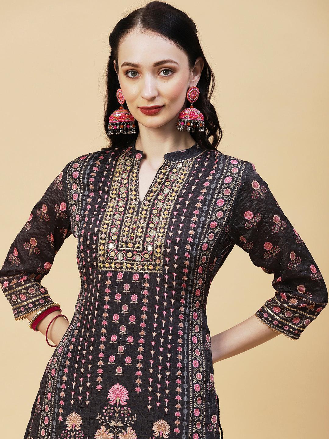 Floral Printed Gotapatti & Mirror Embroidered Kurta With Sharara & Dupatta - Charcoal - Indiakreations