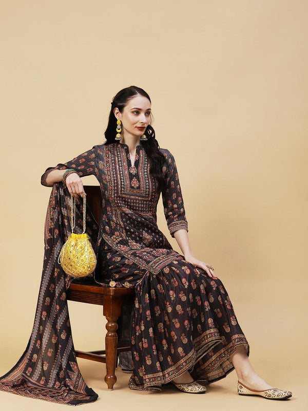 Ethnic Printed Cutdana & Sequins Embroidered Kurta With Sharara & Dupatta - Black - Indiakreations