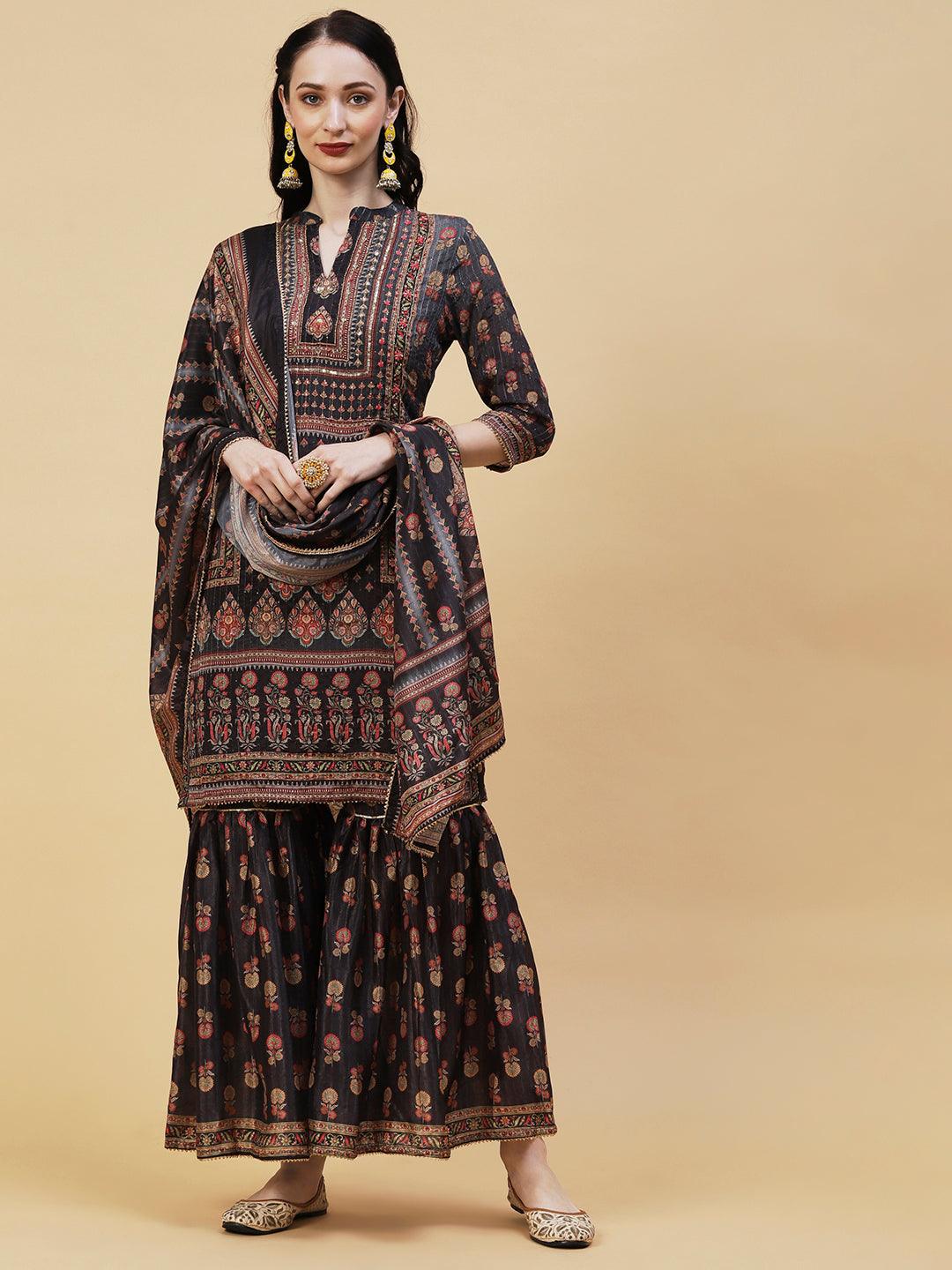 Ethnic Printed Cutdana & Sequins Embroidered Kurta With Sharara & Dupatta - Black - Indiakreations