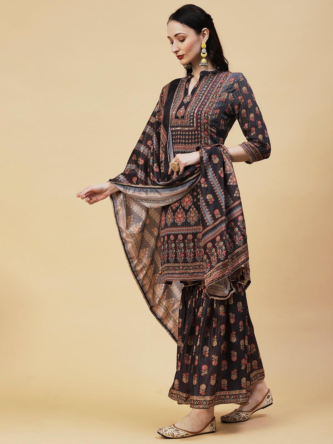 Ethnic Printed Cutdana & Sequins Embroidered Kurta With Sharara & Dupatta - Black - Indiakreations