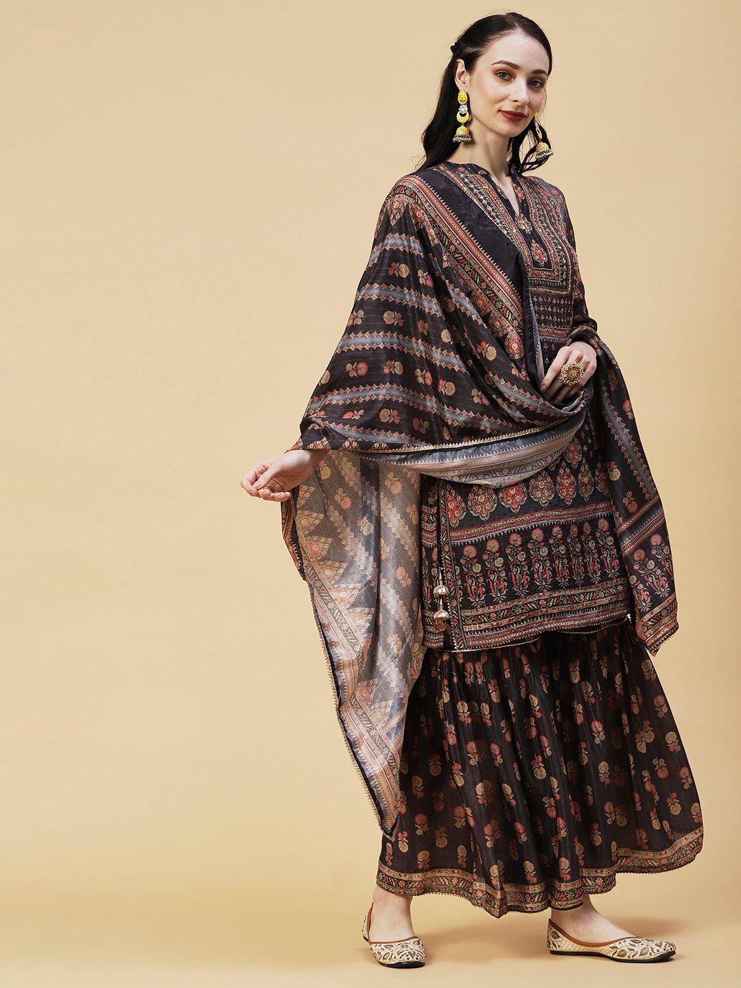 Ethnic Printed Cutdana & Sequins Embroidered Kurta With Sharara & Dupatta - Black - Indiakreations