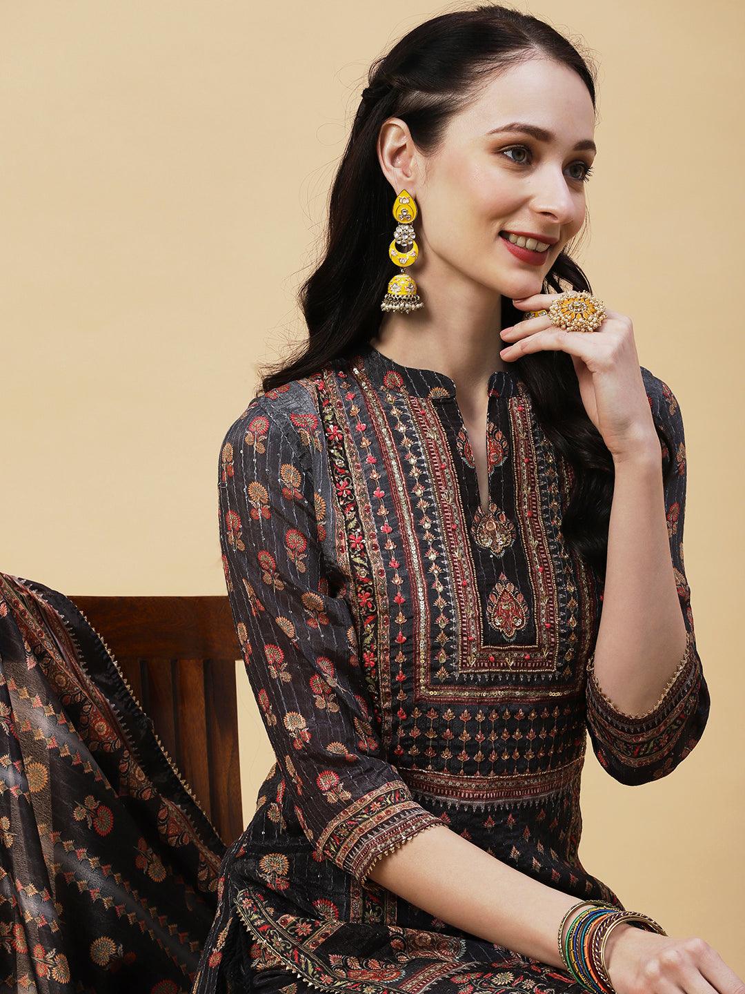 Ethnic Printed Cutdana & Sequins Embroidered Kurta With Sharara & Dupatta - Black - Indiakreations