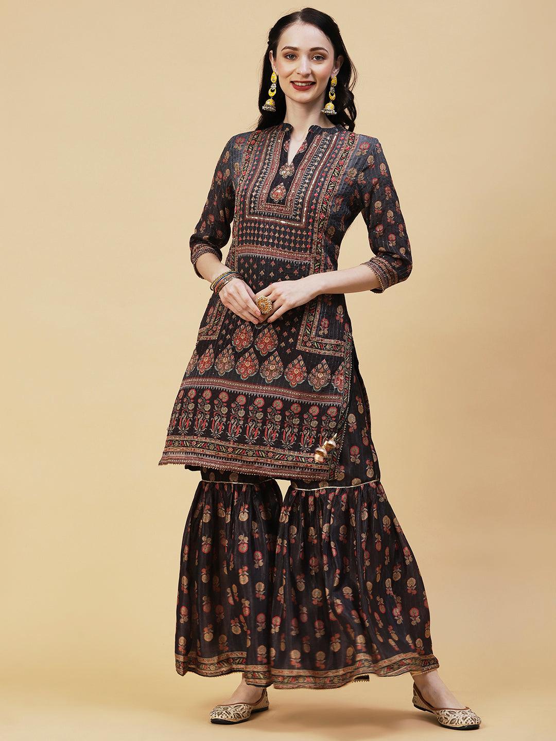 Ethnic Printed Cutdana & Sequins Embroidered Kurta With Sharara & Dupatta - Black - Indiakreations