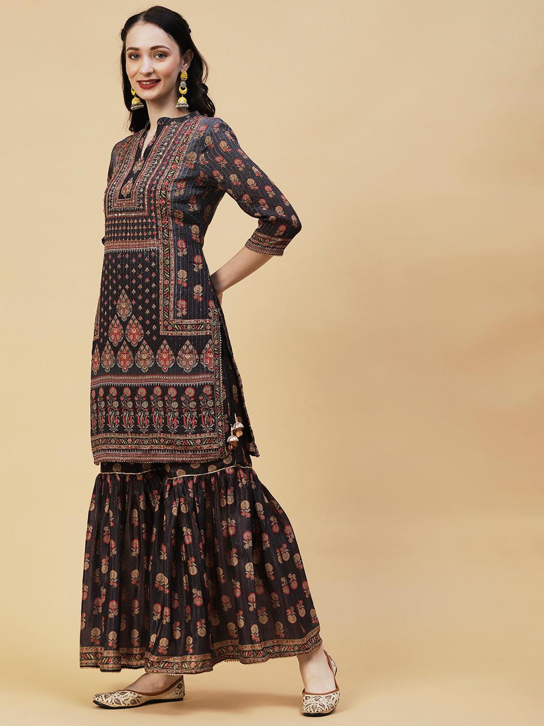 Ethnic Printed Cutdana & Sequins Embroidered Kurta With Sharara & Dupatta - Black - Indiakreations