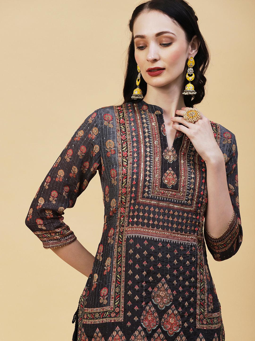 Ethnic Printed Cutdana & Sequins Embroidered Kurta With Sharara & Dupatta - Black - Indiakreations