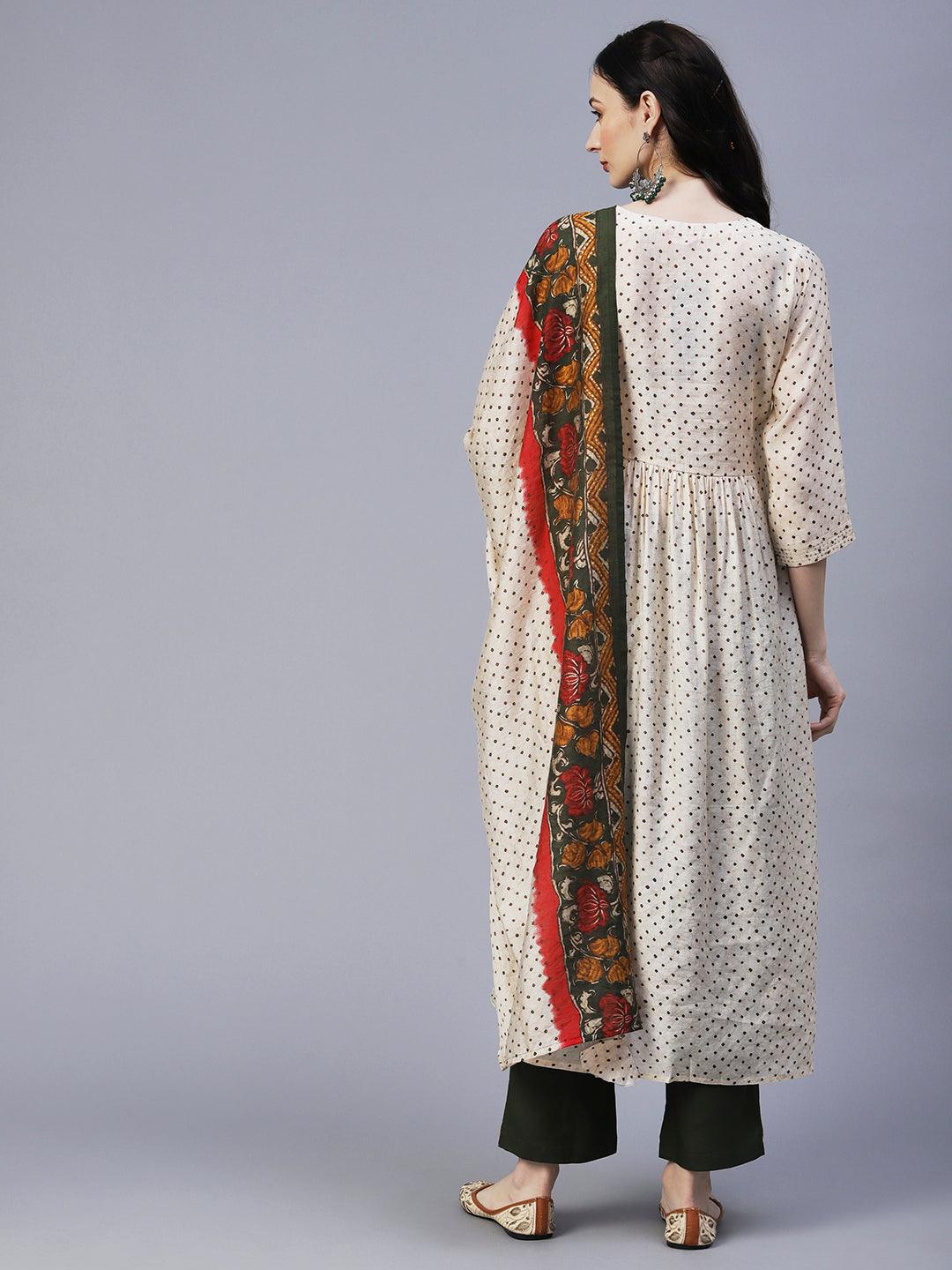 Ethnic Printed & Embroidered A-Line Gathered Kurta with Pant & Dupatta - Cream - Indiakreations