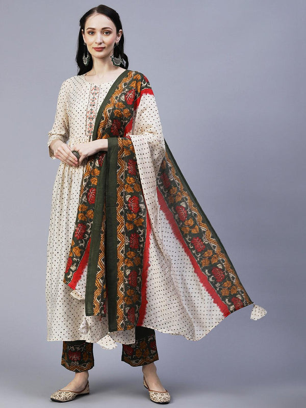 Ethnic Printed & Embroidered A-Line Gathered Kurta with Pant & Dupatta - Cream - Indiakreations