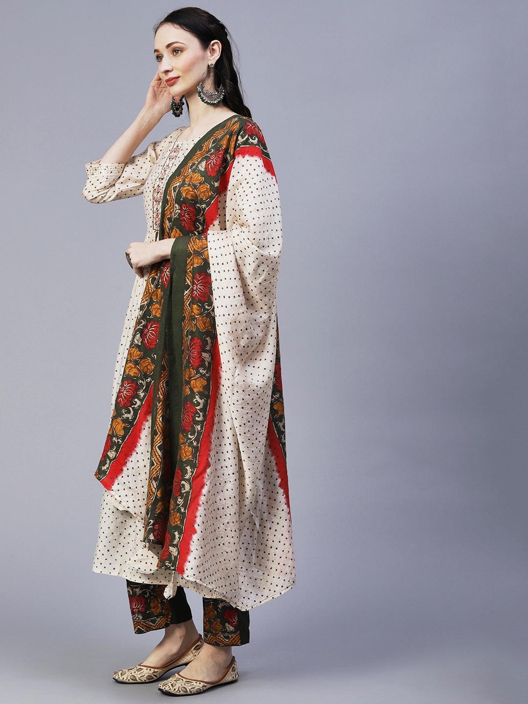 Ethnic Printed & Embroidered A-Line Gathered Kurta with Pant & Dupatta - Cream - Indiakreations