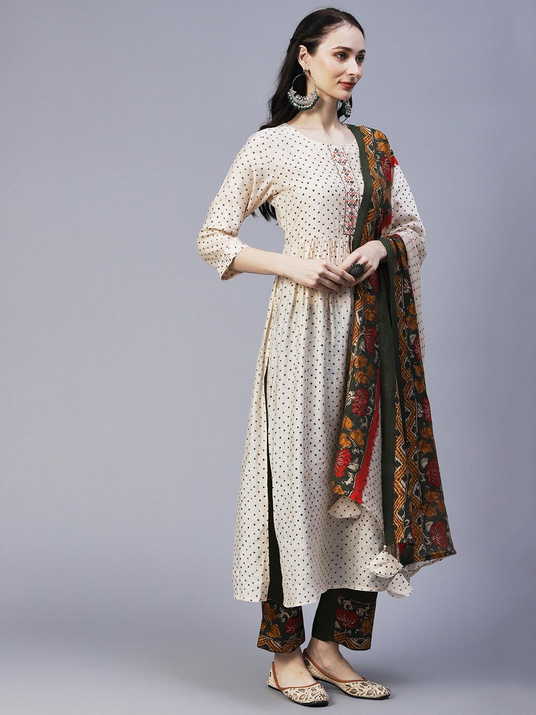 Ethnic Printed & Embroidered A-Line Gathered Kurta with Pant & Dupatta - Cream - Indiakreations