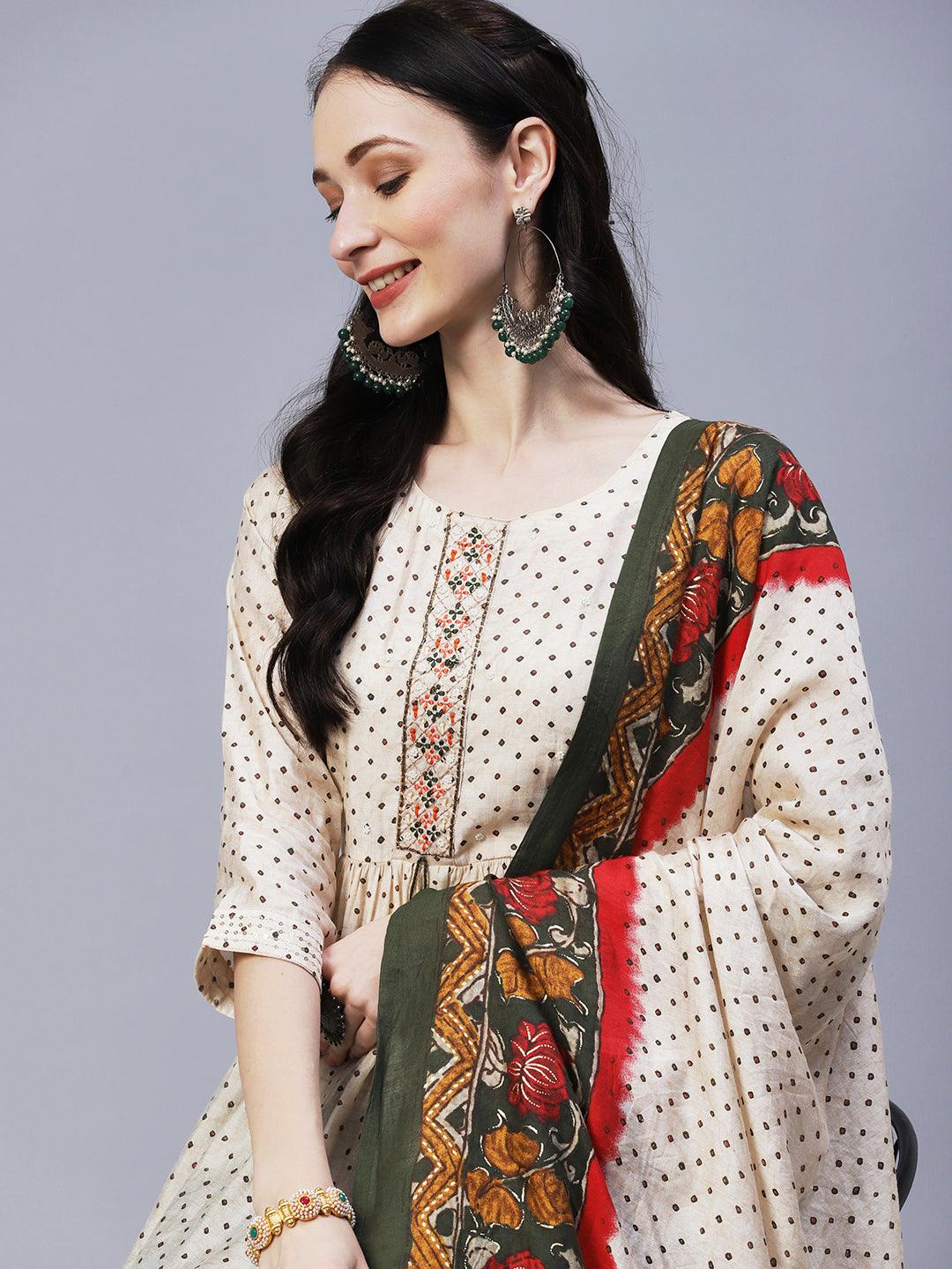 Ethnic Printed & Embroidered A-Line Gathered Kurta with Pant & Dupatta - Cream - Indiakreations