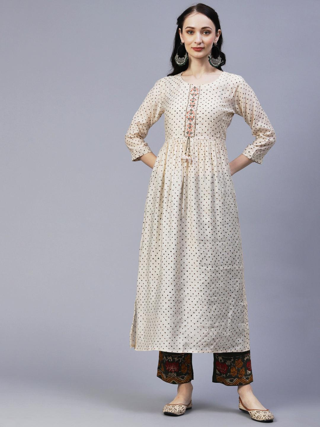 Ethnic Printed & Embroidered A-Line Gathered Kurta with Pant & Dupatta - Cream - Indiakreations