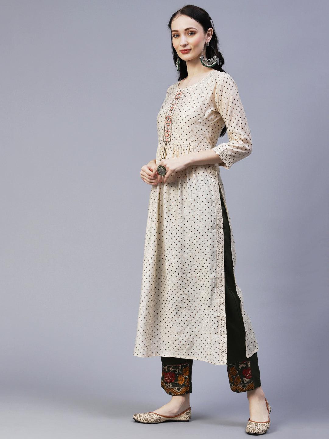 Ethnic Printed & Embroidered A-Line Gathered Kurta with Pant & Dupatta - Cream - Indiakreations