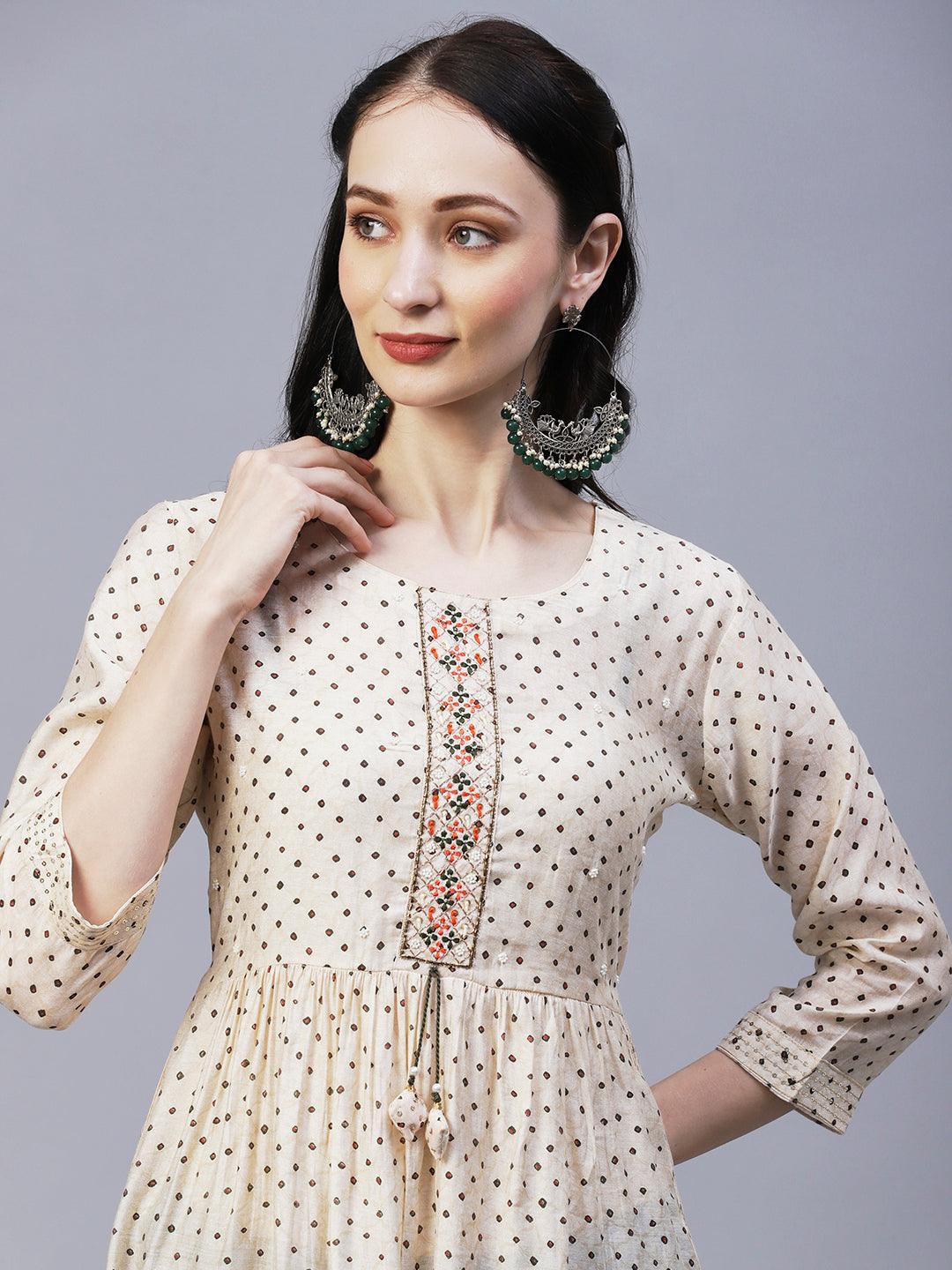 Ethnic Printed & Embroidered A-Line Gathered Kurta with Pant & Dupatta - Cream - Indiakreations