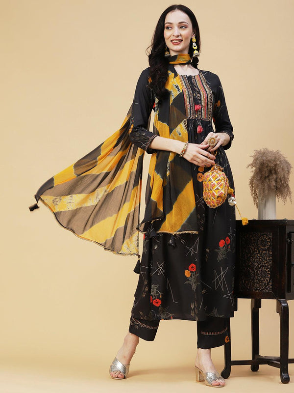 Floral Geometric Printed & Embroidered Straight Kurta with Pant & Dupatta - Dark Grey - Indiakreations