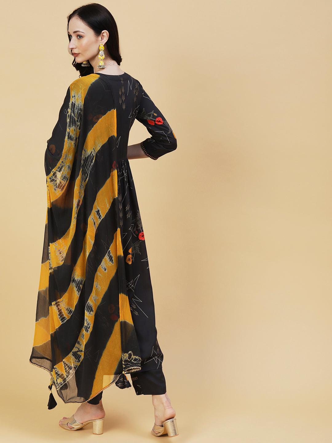 Floral Geometric Printed & Embroidered Straight Kurta with Pant & Dupatta - Dark Grey - Indiakreations