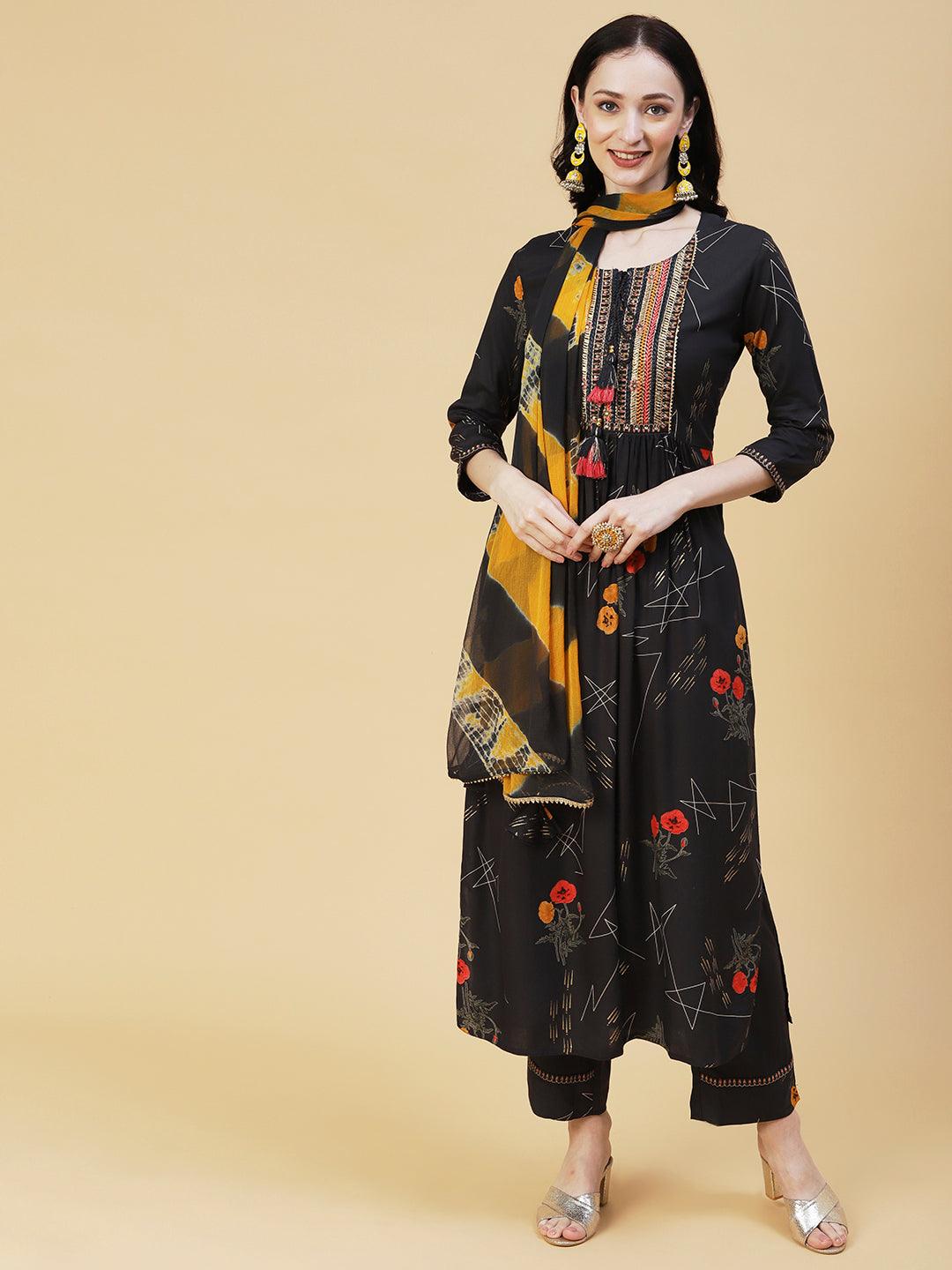 Floral Geometric Printed & Embroidered Straight Kurta with Pant & Dupatta - Dark Grey - Indiakreations