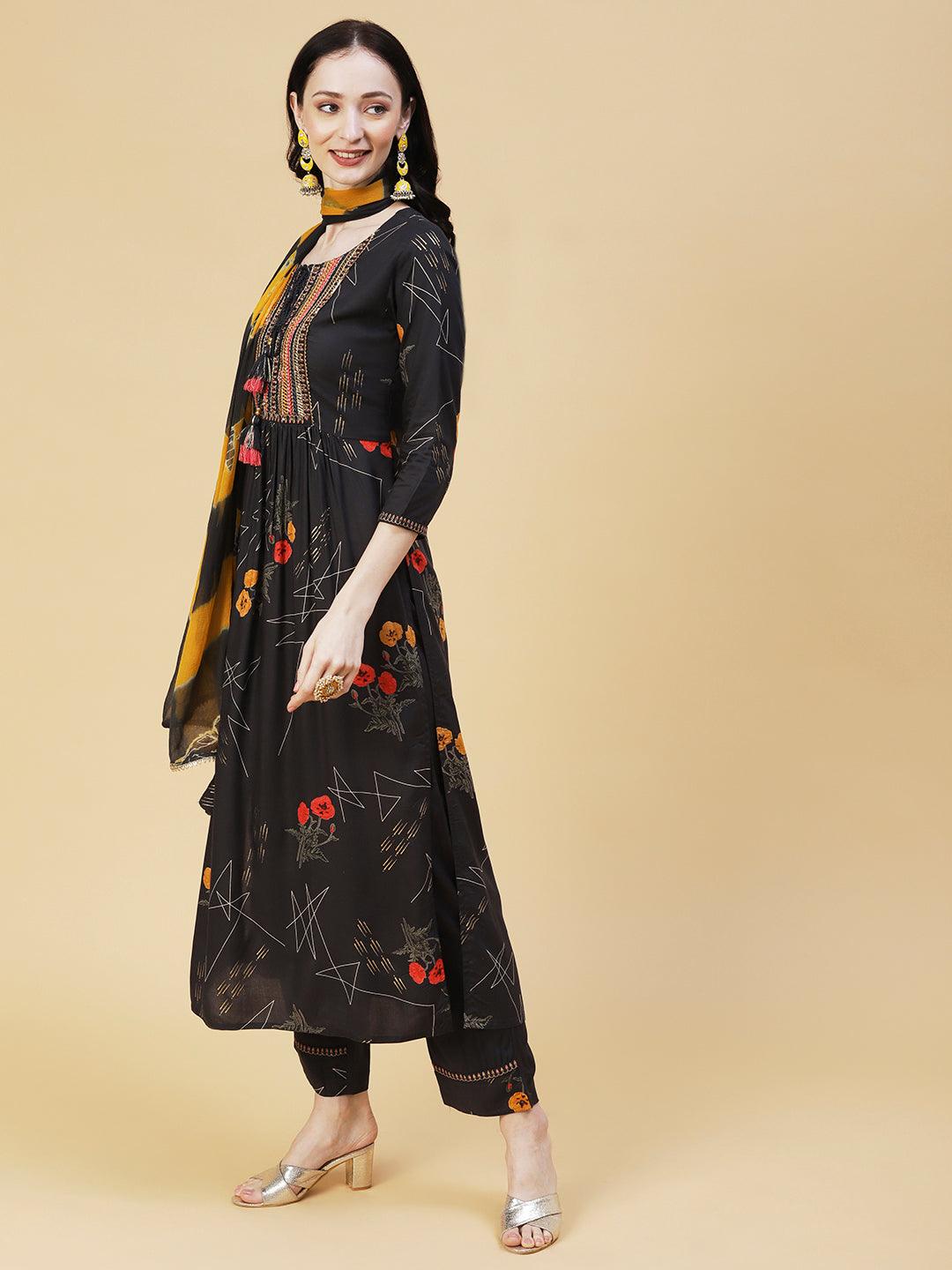 Floral Geometric Printed & Embroidered Straight Kurta with Pant & Dupatta - Dark Grey - Indiakreations