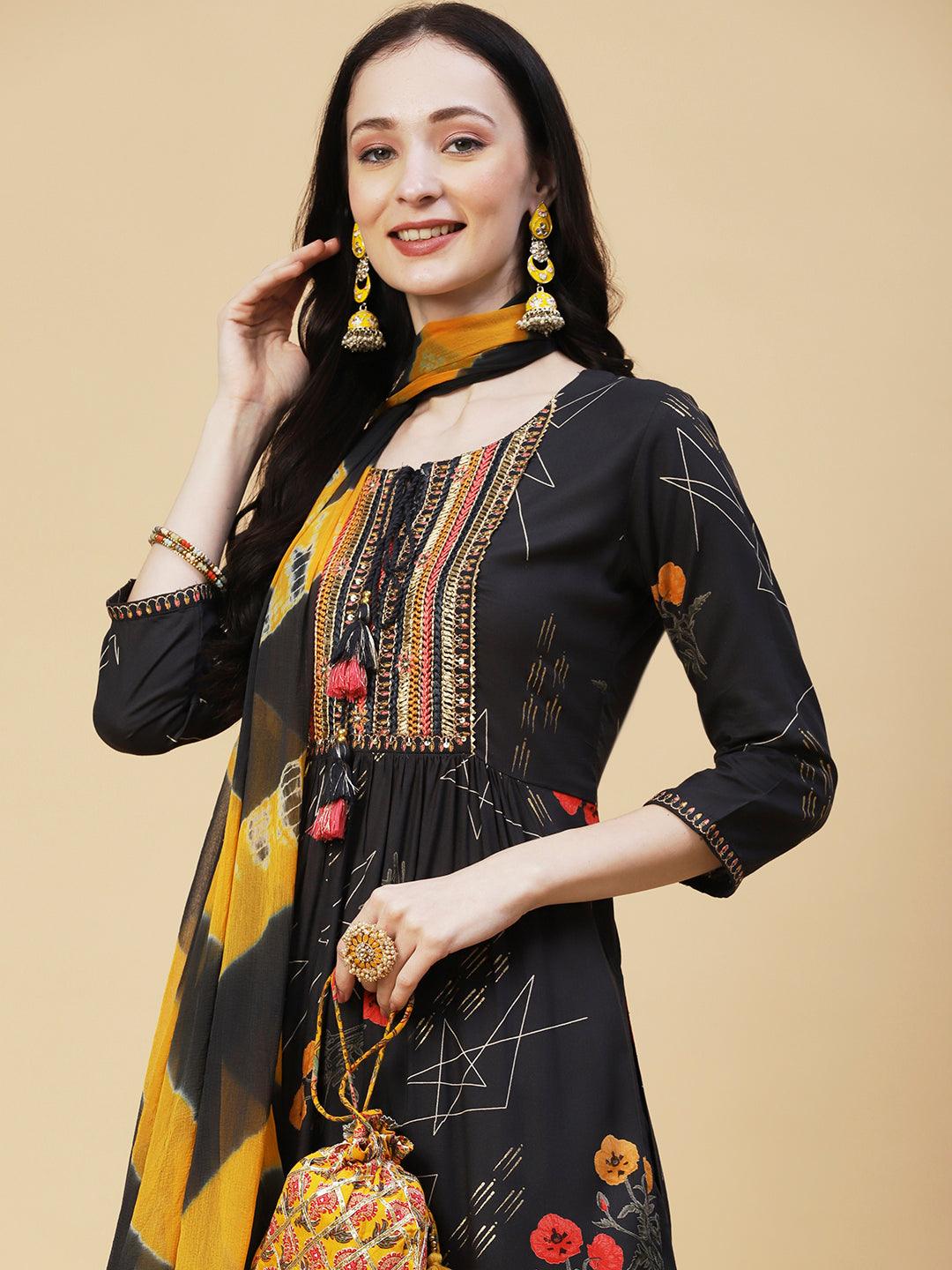 Floral Geometric Printed & Embroidered Straight Kurta with Pant & Dupatta - Dark Grey - Indiakreations