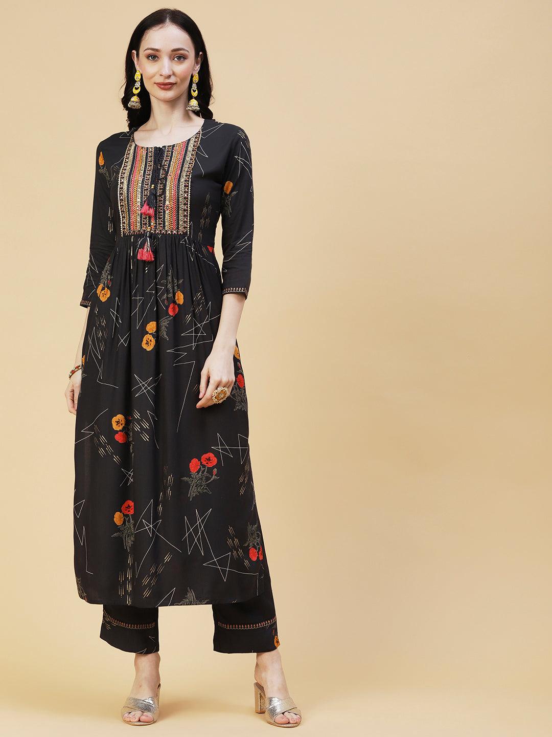 Floral Geometric Printed & Embroidered Straight Kurta with Pant & Dupatta - Dark Grey - Indiakreations