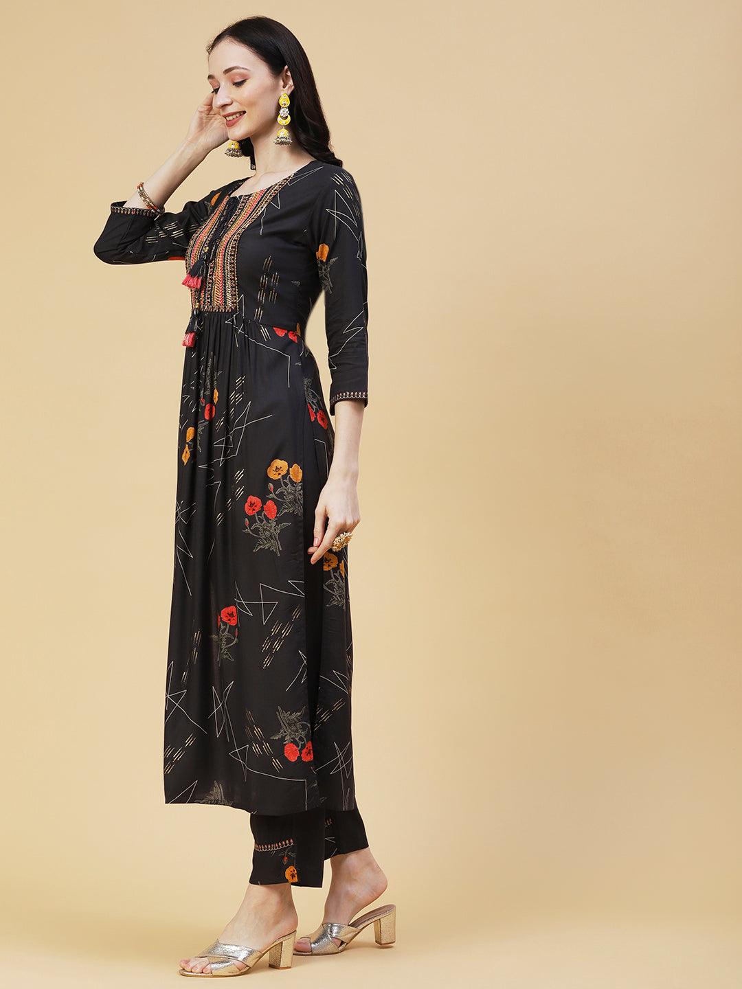 Floral Geometric Printed & Embroidered Straight Kurta with Pant & Dupatta - Dark Grey - Indiakreations