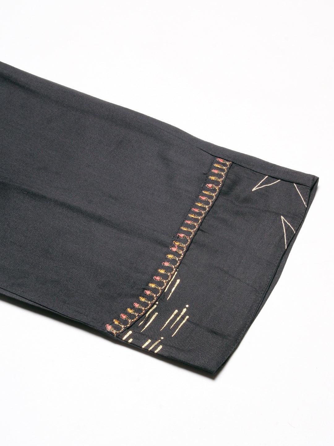 Floral Geometric Printed & Embroidered Straight Kurta with Pant & Dupatta - Dark Grey - Indiakreations