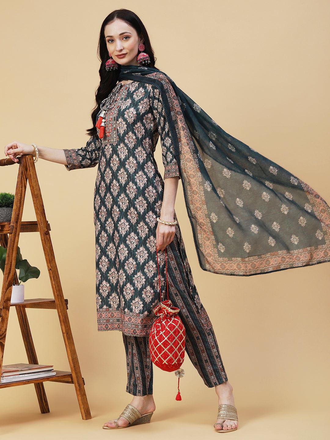 Ethnic Printed Mirror & Zari Embroidered Kurta With Pants & Dupatta - Green - Indiakreations