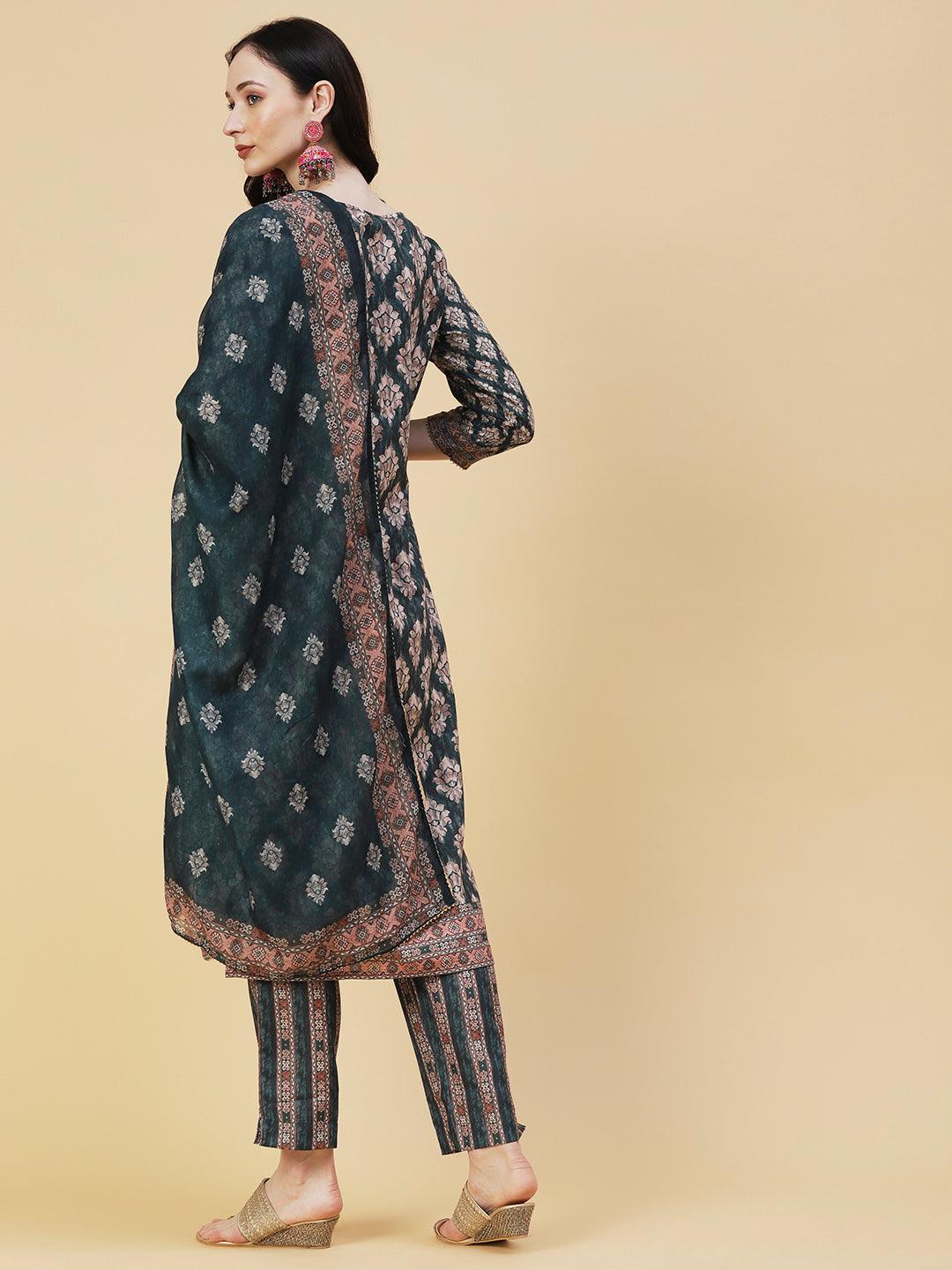 Ethnic Printed Mirror & Zari Embroidered Kurta With Pants & Dupatta - Green - Indiakreations