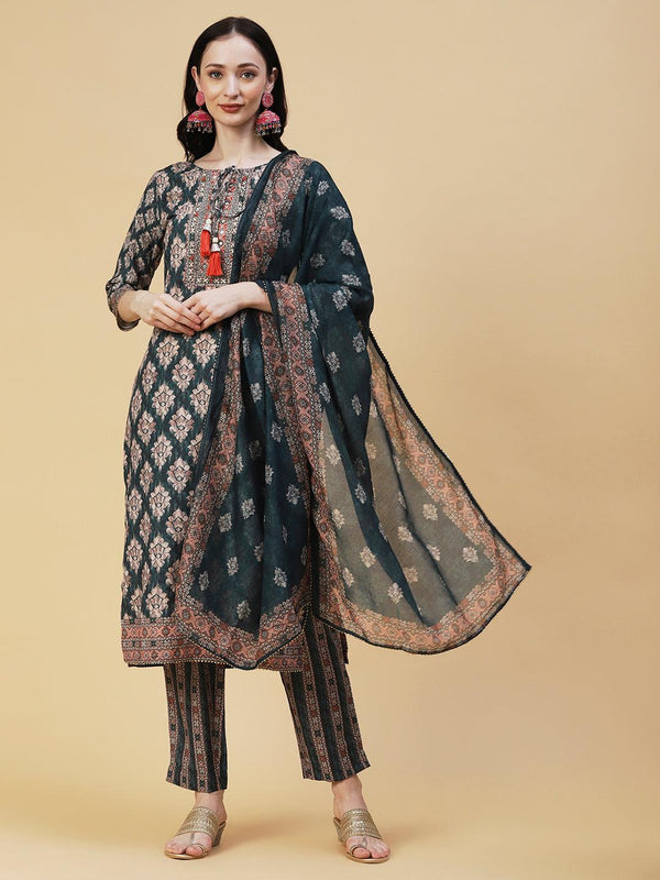 Ethnic Printed Mirror & Zari Embroidered Kurta With Pants & Dupatta - Green - Indiakreations