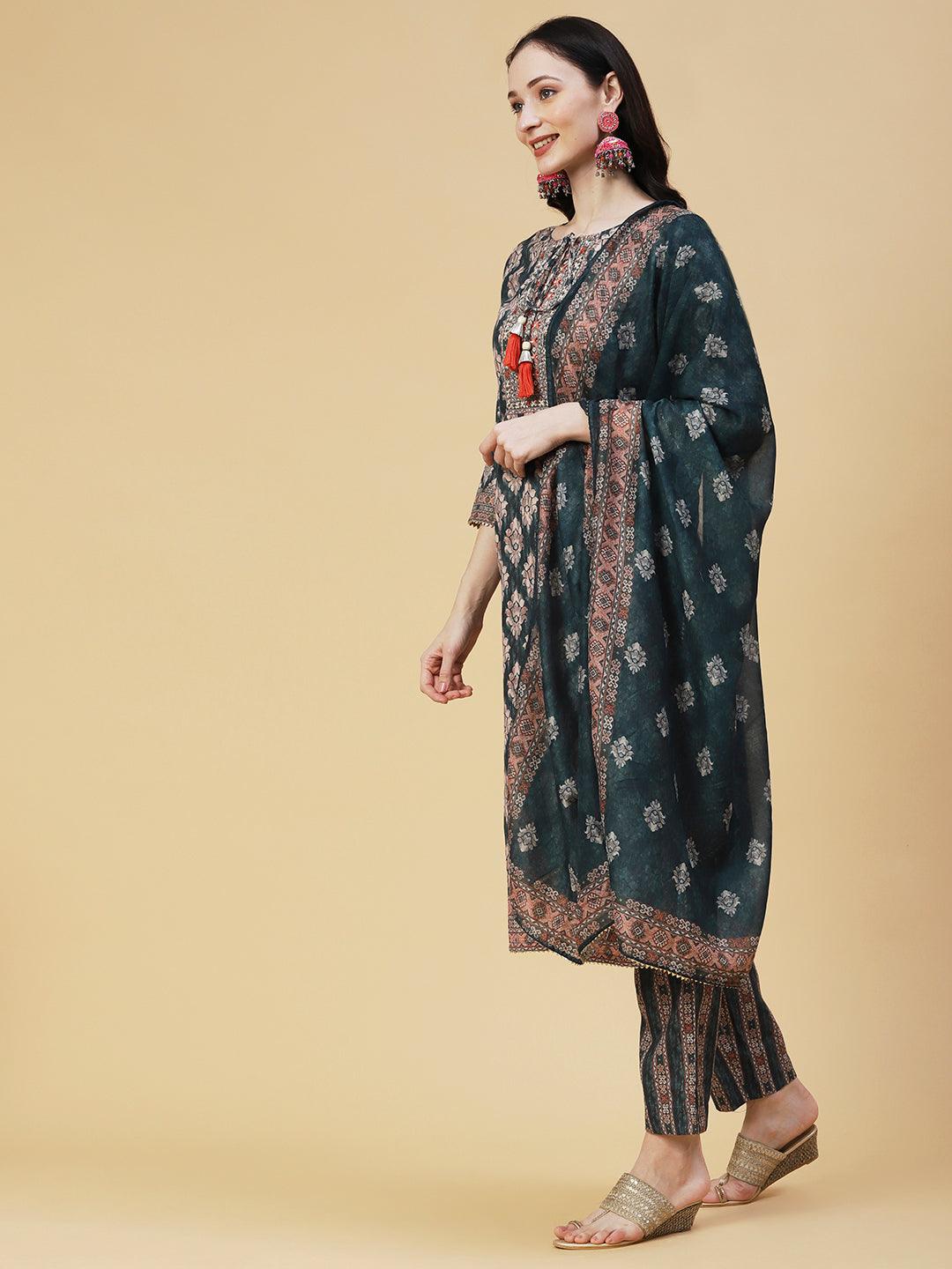 Ethnic Printed Mirror & Zari Embroidered Kurta With Pants & Dupatta - Green - Indiakreations