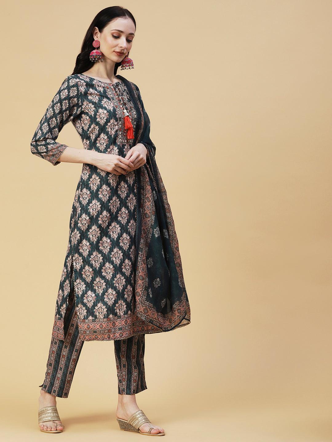 Ethnic Printed Mirror & Zari Embroidered Kurta With Pants & Dupatta - Green - Indiakreations