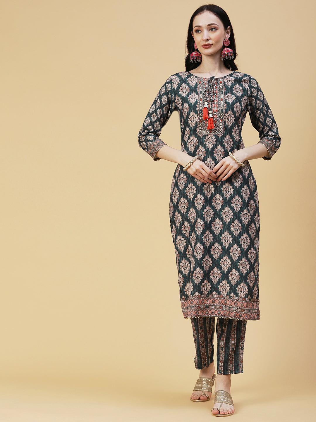 Ethnic Printed Mirror & Zari Embroidered Kurta With Pants & Dupatta - Green - Indiakreations