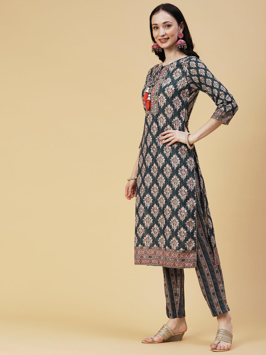 Ethnic Printed Mirror & Zari Embroidered Kurta With Pants & Dupatta - Green - Indiakreations